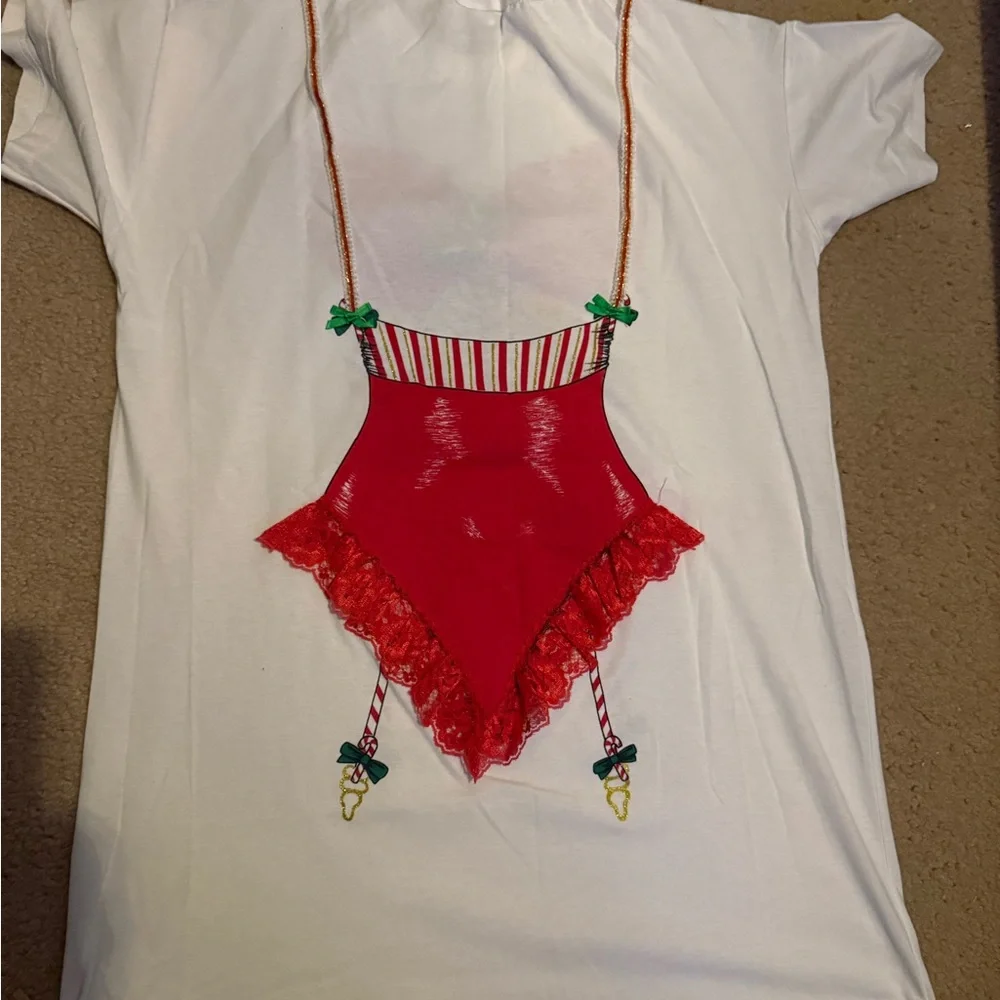 Vintage Festive White T-Shirt Red Lingerie Print, Funny, christmas, Santa,  M - Picture 2 of 2